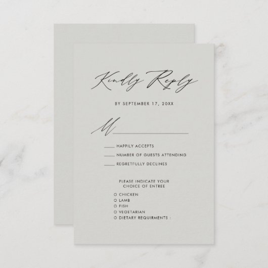 Modernes Graues, elegantes Script Minimalistisch W Begleitkarte (Vorne/Hinten)