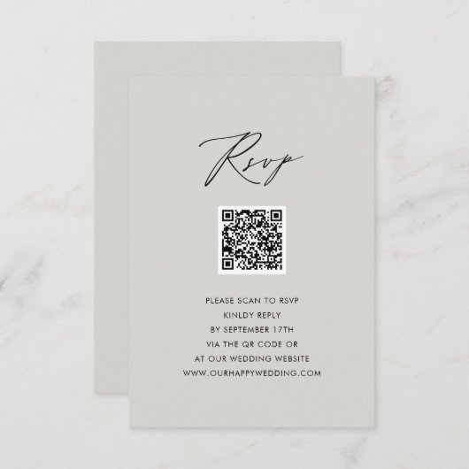 Modernes Graues, elegantes Skript Einfache QR Hoch RSVP Karte (Vorne/Hinten)