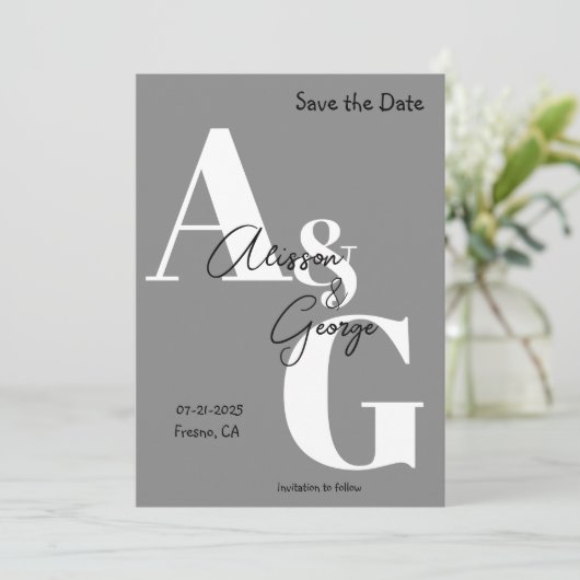 Modernes graues Foto Save The Date (Stehend Vorderseite)