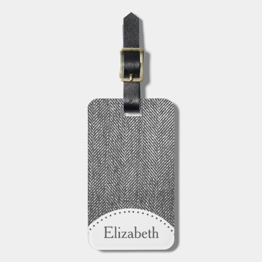 Modernes Graues Herringbone & Name Gepäckanhänger (Vorderseite vertikal)