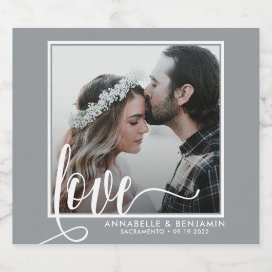 Modernes Graues Liebe Script-Foto Schaumweinetikett (Einzelnes Label)