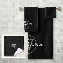 Modernes graues Monogramm Elegantes Schwarz Badhandtuch Set