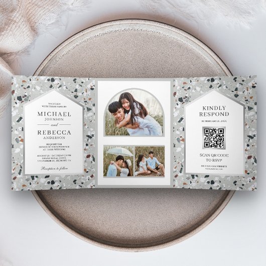 Modernes graues Terrazzo Foto QR Code Hochzeit Dreifach Gefaltete Einladung