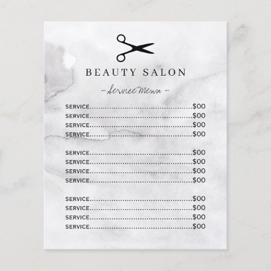 Modernes graues Wasserfarben-Waschsalon-Menü (Vorderseite)