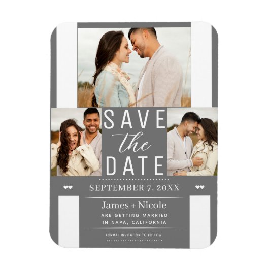 Modernes Graues Weiß Save the Date 3 Foto Hochzeit Magnet (Vertikal)