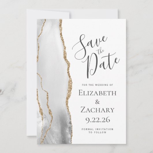 Modernes Graues Weißes Gold Agate Save the Date (Vorderseite)