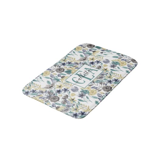 Modernes Graugelbes Floral-Aquarellmonogramm Badematte (Schrägansicht)