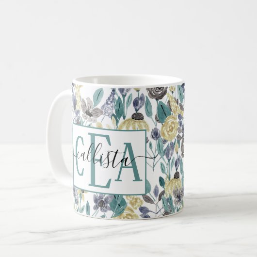 Modernes Graugelbes Floral-Aquarellmonogramm Kaffeetasse (Vorderseite Links)