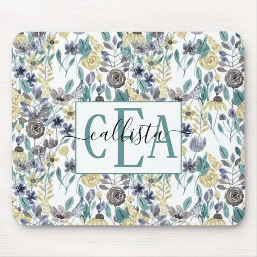 Modernes Graugelbes Floral-Aquarellmonogramm Mousepad (Vorne)