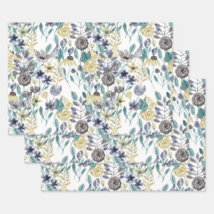 Modernes graugelbes, florales Wasserfarbmuster Geschenkpapier Set