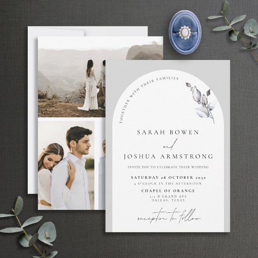 Modernes Gray Arch Botanisches Script 2 Foto Hochz Einladung