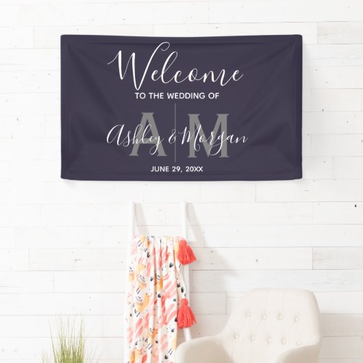 Modernes Gray & Blue Couple Monogram 36x24 Wedding Banner (Insitu)
