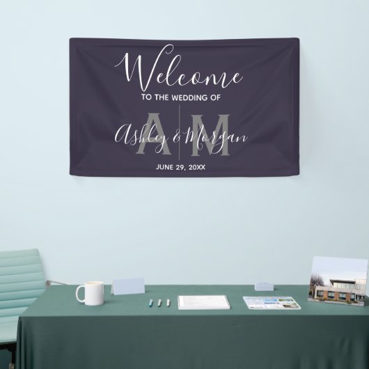 Modernes Gray & Blue Couple Monogram 36x24 Wedding Banner (Messeveranstaltung)