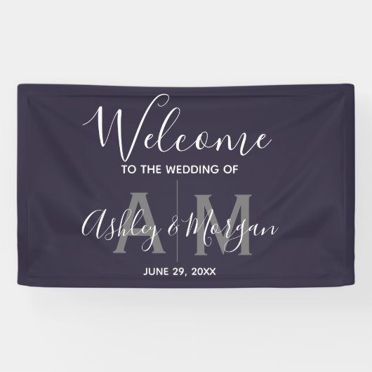 Modernes Gray & Blue Couple Monogram 36x24 Wedding Banner (Horizontal)