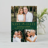 Modernes Green and Gold Foil 3 Foto Save the Date Folieneinladung (Stehend vorne)