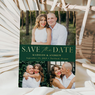 Modernes Green and Gold Foil 3 Foto Save the Date Folieneinladung