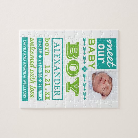 Modernes Green Baby Boy Foto Geburtsankündigung Puzzle (Horizontal)