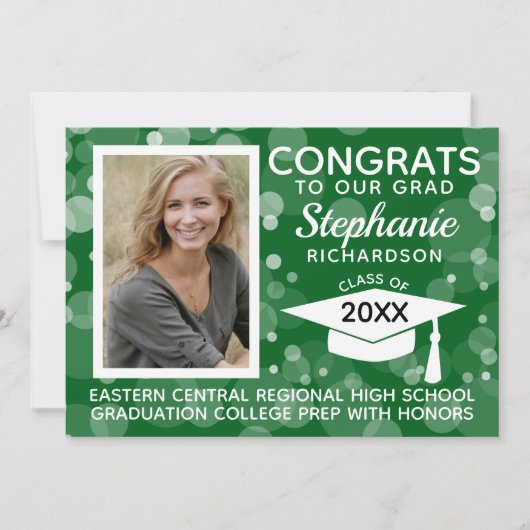 Modernes Green Bokeh Bubbles Foto Abschluss Einladung (Vorderseite)