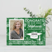 Modernes Green Bokeh Bubbles Foto Abschluss Einladung (Stehend Vorderseite)