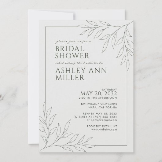 Modernes Green Foliage Kontur Brautparty Einladung (Vorderseite)
