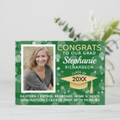 Modernes Green Gold Bokeh Bubbles Foto Abschluss Einladung (Stehend Vorderseite)