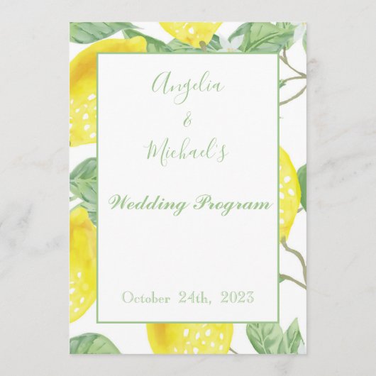 Modernes Green Gold Lemon Wedding Programm (Rückseite)