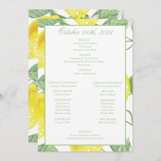 Modernes Green Gold Lemon Wedding Programm (Vorne/Hinten)