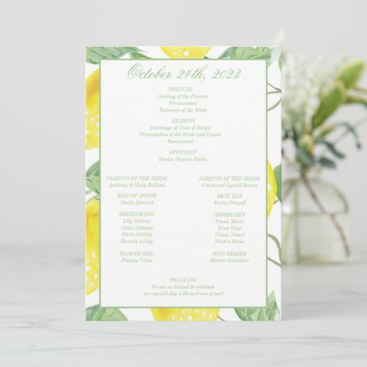 Modernes Green Gold Lemon Wedding Programm (Stehend Vorderseite)