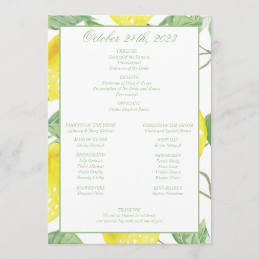 Modernes Green Gold Lemon Wedding Programm (Vorderseite)