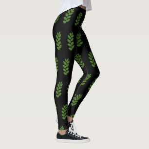 Modernes Green Laurel Leaf Muster auf schwarz Leggings