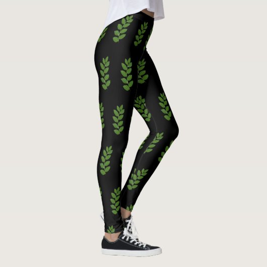 Modernes Green Laurel Leaf Muster auf schwarz Leggings (Rechts)