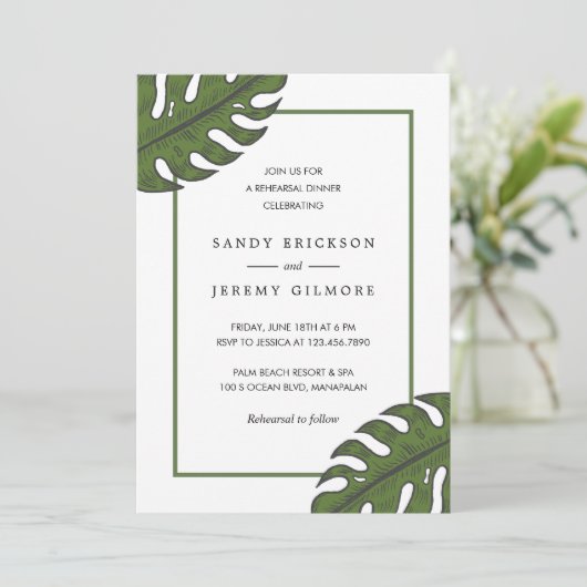 Modernes Green Palm Leaf Tropische Probe Abendesse Einladung (Stehend Vorderseite)