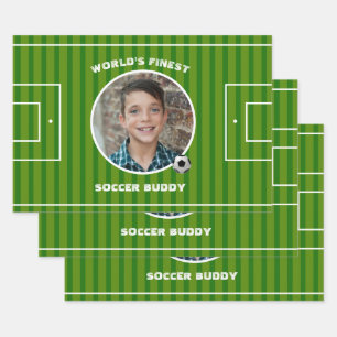 Modernes Green Soccer Sports Field Custom Foto Geschenkpapier Set