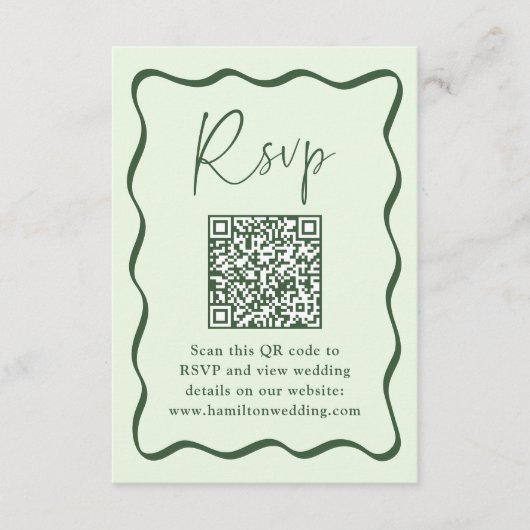 Modernes Green Wavy Frame QR Code Hochzeit RSVP Begleitkarte (Vorderseite)