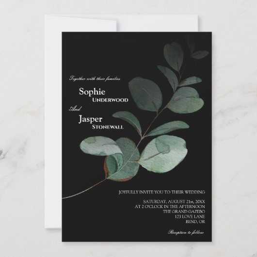 Modernes Greenery Black Foto Wedding Einladung (Vorderseite)