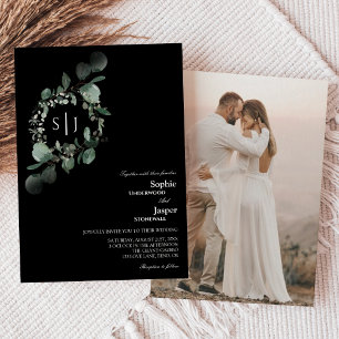 Modernes Greenery Black Monogram Foto Wedding Einladung