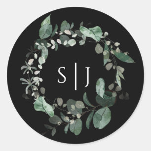 Modernes Greenery Black Monogram Wedding Sticker