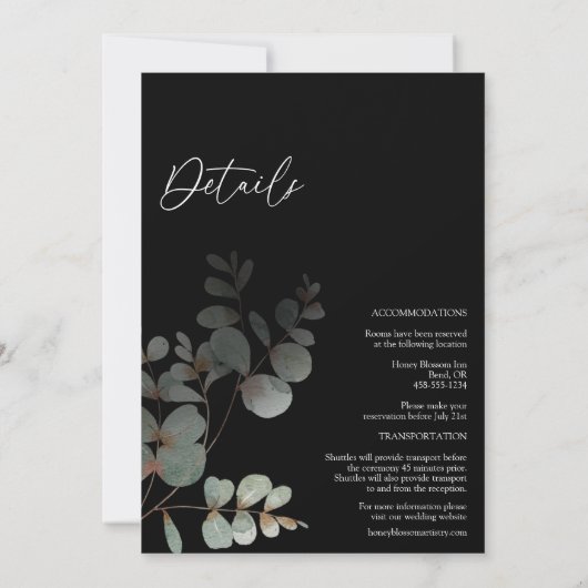 Modernes Greenery Black Monogramm in einer Hochzei Einladung (Rückseite)