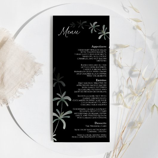 Modernes Greenery Black Wedding Flat Menu Menükarte