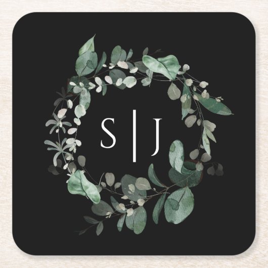 Modernes Greenery Black Wedding Monogram Rechteckiger Pappuntersetzer (Vorderseite)