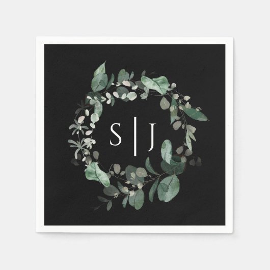 Modernes Greenery Black Wedding Monogram Serviette (Vorderseite)