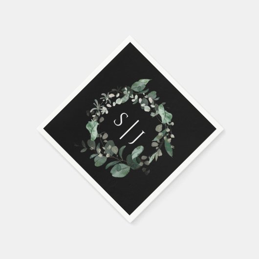 Modernes Greenery Black Wedding Monogram Serviette (Ecke)