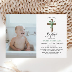 Modernes Greenery Boy Baptism Celebration Foto Einladung