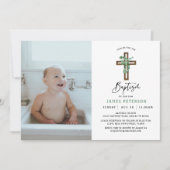 Modernes Greenery Boy Baptism Celebration Foto Einladung (Vorderseite)