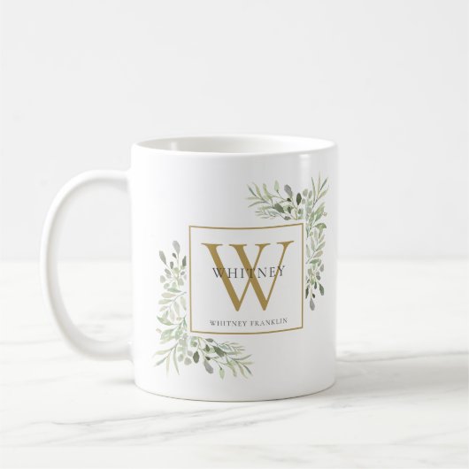 Modernes Greenery Chic Gold Monogram Kaffeetasse (Links)