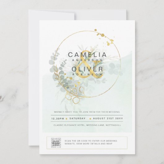 Modernes Greenery FOTO Hochzeit Einladung QR CODE (Vorderseite)