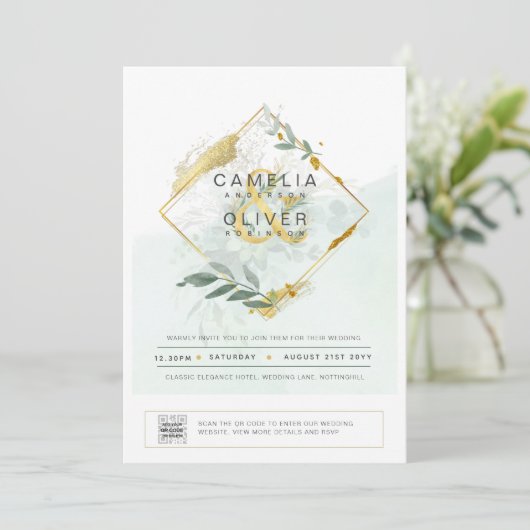 Modernes Greenery FOTO Hochzeit Einladung QR CODE (Stehend Vorderseite)