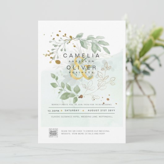 Modernes Greenery FOTO Hochzeit Einladung QR CODE (Stehend Vorderseite)