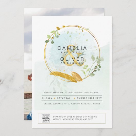 Modernes Greenery FOTO Hochzeit Einladung QR CODE (Vorne/Hinten)