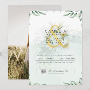 Modernes Greenery FOTO Hochzeit Einladung QR CODE